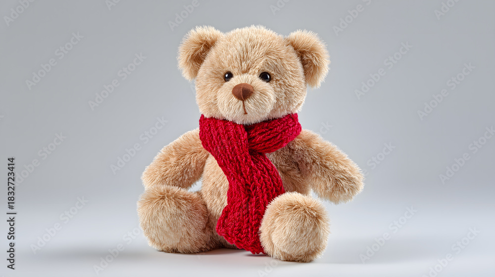 Obraz premium Light Beige Teddy Bear with Red Scarf Isolated on Warm White Background for Christmas