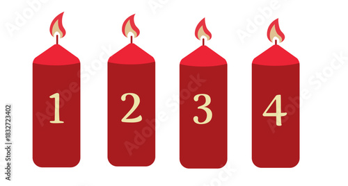 Red Advent Candle Set with Numbers 1 to 4 and Flame Flat Vector Illustration for Holiday Countdown and Christmas Season