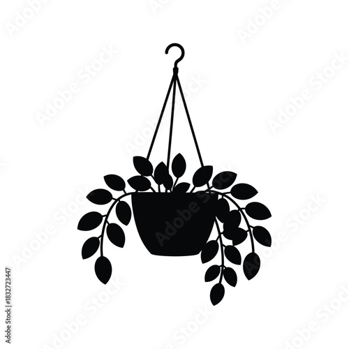  A hanging plant basket with cascading vines, silhouette vector design on a white background