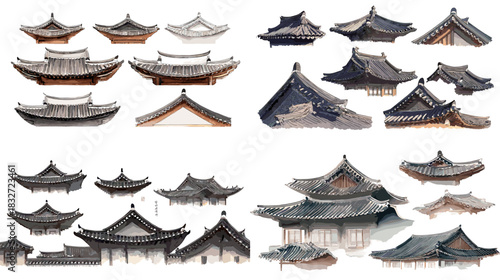 A collection of East Asian traditional roof structures featuring curved silhouettes, wooden details, and cultural architectural elements suitable for design and illustration.