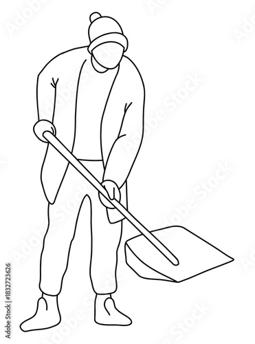 A man removes snow with a shovel. Snow removal in winter.Vector line art illustration of a person shoveling snow. Simple outline style winter cleaning scene for seasonal designs, icons, posters, stick