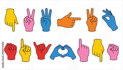 A collection of brightly colored cartoon hands demonstrating various gestures and symbols including pointing peace signs and a heart shape communication icon graphic illustration