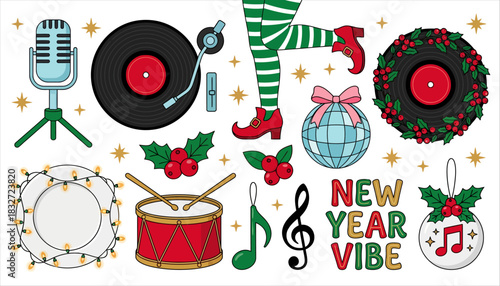 Festive New Year elements with musical instruments vintage microphone vinyl records disco ball holly berries and string lights holiday celebration retro berry drum musical note