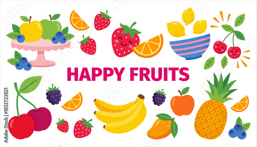 A collection of cheerful cartoon style fruits including apples bananas berries cherries oranges lemons mangoes and pineapple with text 'Happy Fruits' illustration strawberry