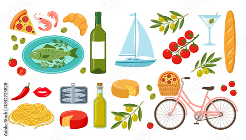 A collection of Italian and Mediterranean food items including pizza pasta fish cheese olives tomatoes wine and shrimp along with a sailboat bicycle and a baguette Italian food