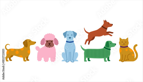A group of diverse cartoon dogs in various colors and poses accompanied by a simple cat illustration all against a clean white background Cats Animals Pets Illustrations Poodle