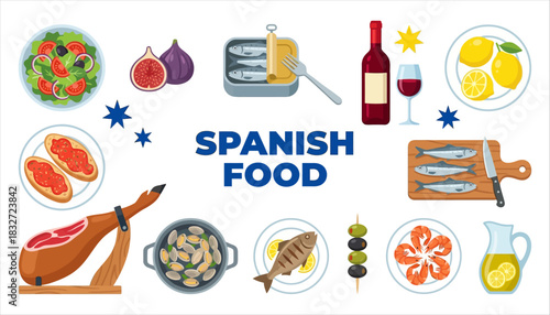 An assortment of Spanish food items including tapas seafood fruit and wine presented on a white background with stars fish shrimp clams ham olives figs lemons salad bread