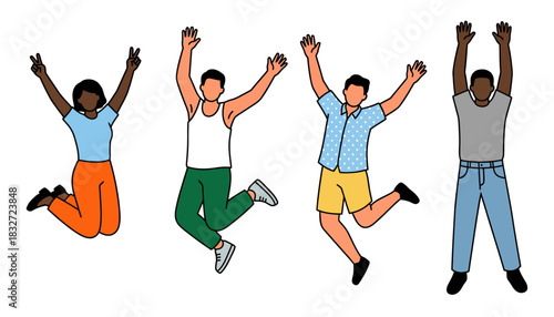 Four diverse people of varying ethnicities and genders captured mid air jumping with arms raised in victory gestures against a white background Diversity Celebration Joy Happiness