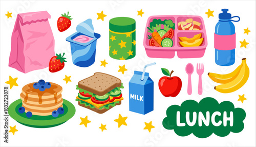 A vibrant illustration of lunch items including a sandwich pancakes fruit yogurt milk carton lunchbox water bottle and utensils against a white background with scattered stars