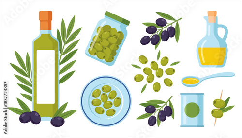Collection of olives and olive oil products including a bottle of oil olives in a jar on a plate on branches a can and a spoon with oil food ingredients Mediterranean healthy