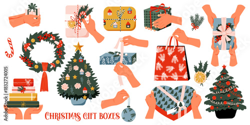 Christmas elements. Hands with gifts boxes set. Gift packaging. Holding present box, holiday packages in festive paper wrapping, tied with ribbon, bow. Christmas tree, wreath.