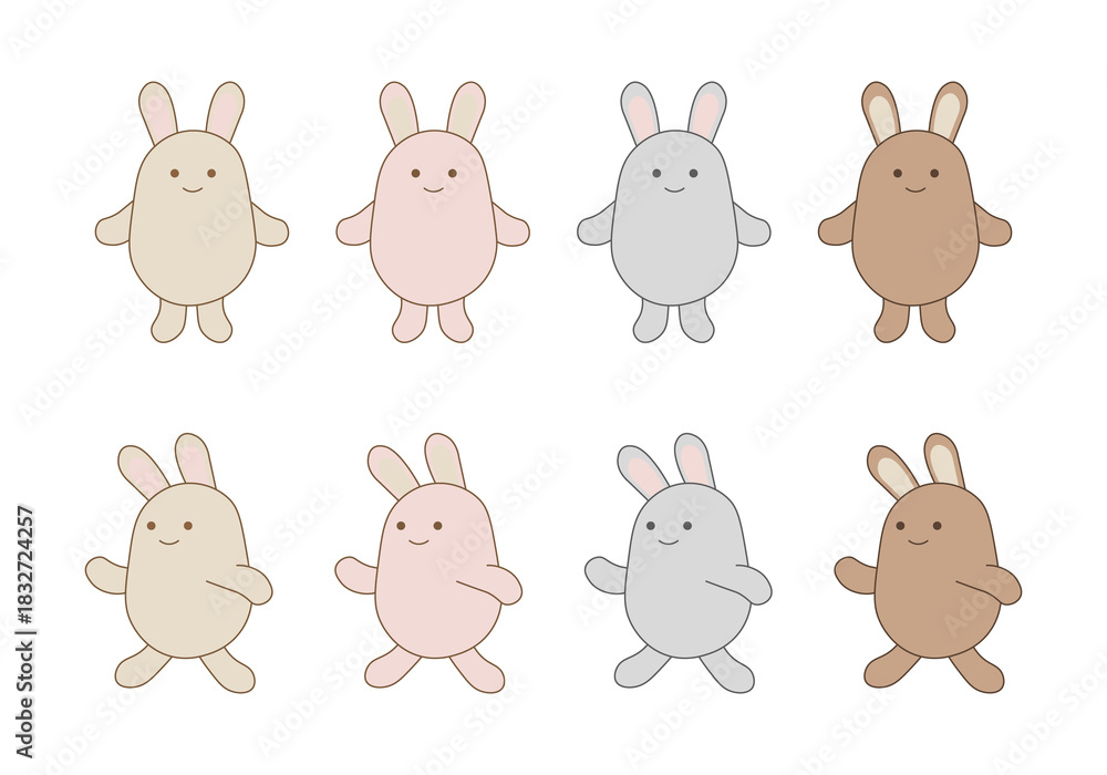 Obraz premium ゆるいシンプルうさぎの 線画セット グレージュ くすみピンク 他4色 （立つ・歩く） 背景透過PNG