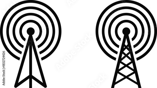 Set of Black Line Art Icons of Communication Towers Emitting Radio Waves Representing Signal, Network, Broadcast, Wireless Technology, and Connection