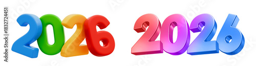 Collection Set of Year 2026 illustration with colorful 3D alphabet letter for postcard and banner design png transference
