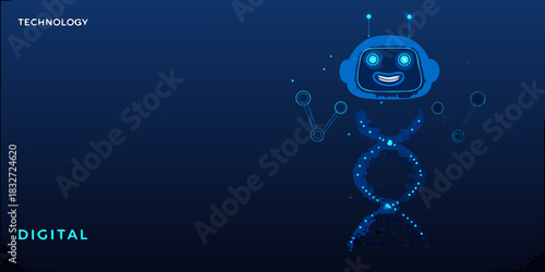 Friendly robot with dna structure on a dark blue technology background