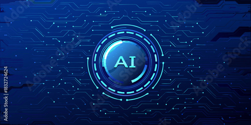 Artificial intelligence concept with circuit board background in blue tones
