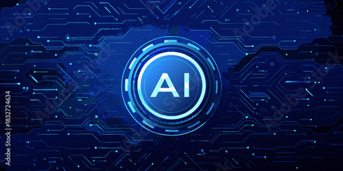 Artificial intelligence concept with circuit board background in blue tones