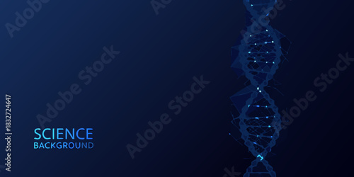 Abstract dna strand illustration on dark blue background for science or technology