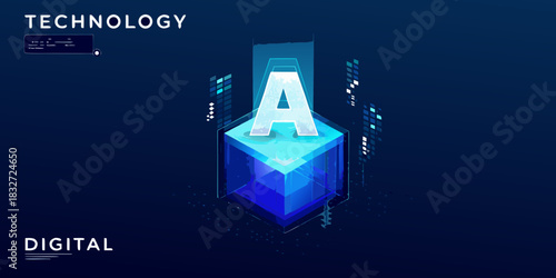 Abstract technology concept with letter a on a glowing cube
