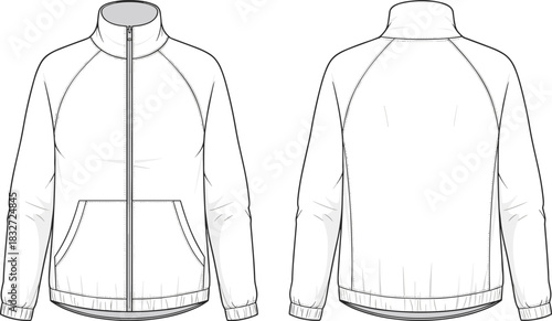 Technical flat sketch of a men's or women's full-zip track jacket or sports windbreaker with raglan sleeves and kangaroo pocket, essential fashion CAD vector 