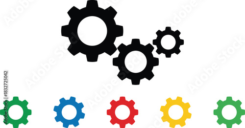 Settings, Configuration, and Optimization: Industrial Gear Icons Representing Mechanical Engineering, Teamwork, Strategy, and Digital Solutions on a White Background with Color Variations