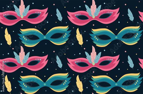 Seamless pattern with carnival eye masks with feathers. Background with colorful masquerade accessories
