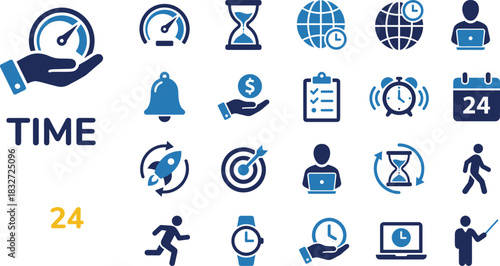 Time Management Productivity Icons Set: Business Efficiency, Deadline Monitoring, Global Schedule, Planning, Watch, Clock, Hourglass, Goal Setting, Fast Delivery, Alert,