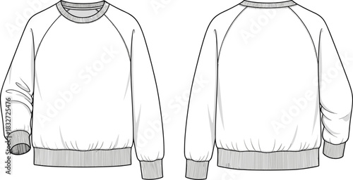 Vector technical drawing of a blank basic unisex raglan crew neck sweatshirt or jumper with ribbed cuffs and hem, front and back view, fashion apparel template design sketch.