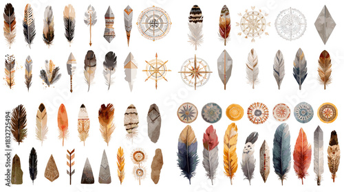 A collection of feathers and compass motifs in natural earthy tones featuring soft textures and boho decorative elements ideal for artistic and design projects.