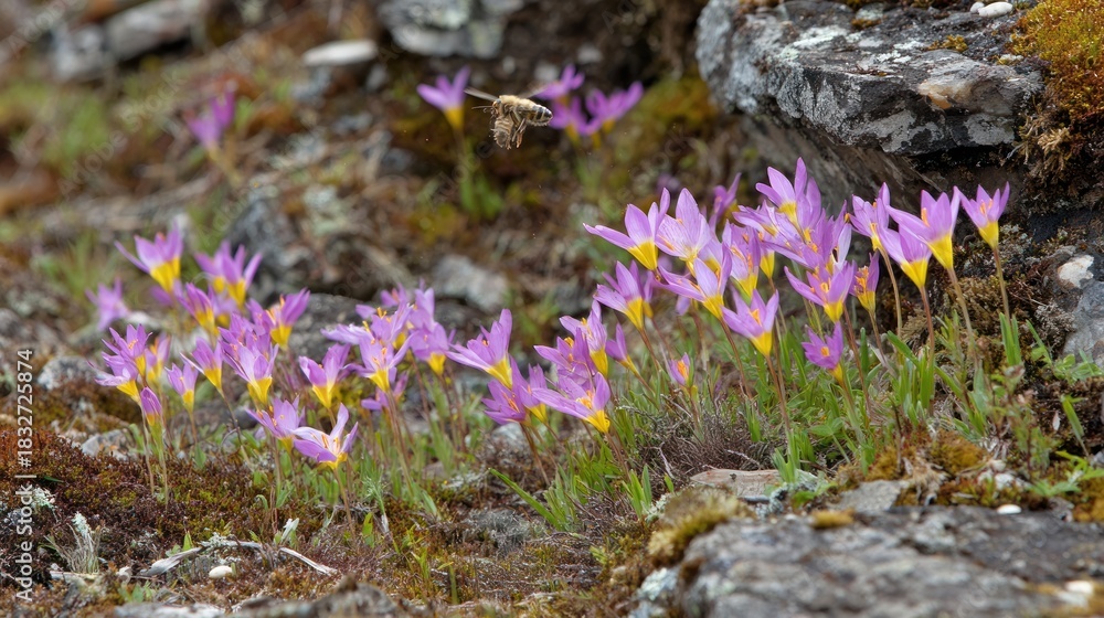 Obraz premium Insect approaches small cluster of purple and yellow wildflowers growing near rocks