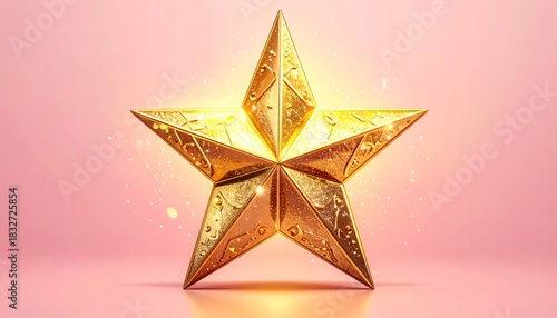 A highly detailed three-dimensional illustration of a shiny gold Christmas star ornament, isolated against a clean bright background.