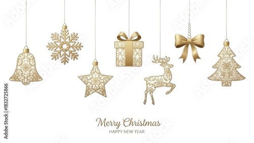 Golden christmas ornaments hanging on strings against a white background with greetings text below