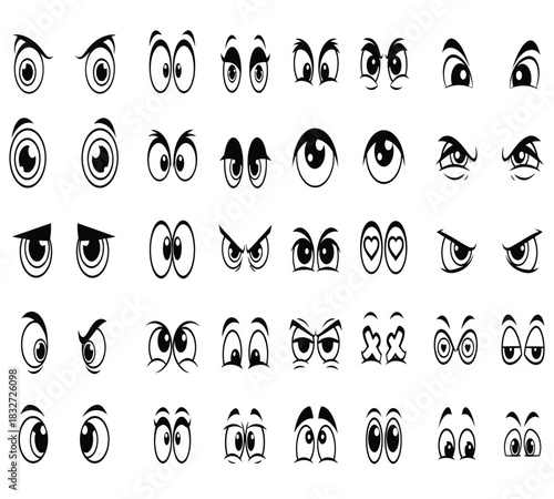 Collection of cartoon eye expressions in black and white line art style, showing various emotions and gazes, isolated on white background
