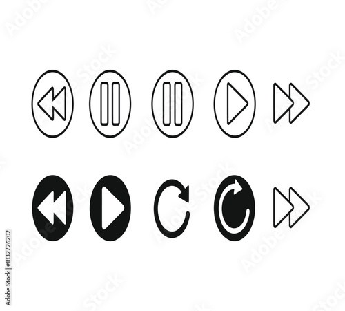 Set of eight media player control icons including rewind, pause, play, and fast forward in outline and solid black circle styles, isolated on white background