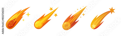 Cartoon meteors flying, fiery comets, shooting stars with trail and sparkles
