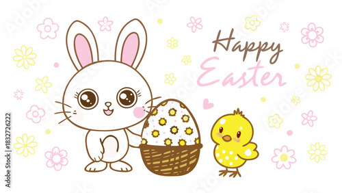 Cute cartoon white bunny and yellow chick with a decorated easter egg in a basket surrounded by pastel flowers and happy easter text