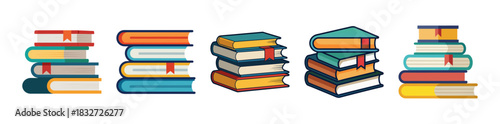 Colorful stacks of books representing education, learning, and literature icons.