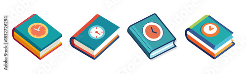 Education and time management concept with colorful books and clocks