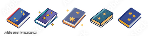 Magical spell books with stars set, enchanting tale and knowledge concept