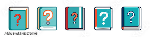 Stylized books with question marks, symbolizing knowledge and education