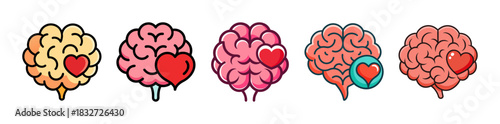 Cartoon brains with hearts representing emotion, love, thought connection