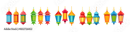 Colorful islamic lanterns hanging for ramadan celebration holiday design