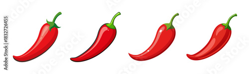 Four vibrant red chili peppers with green stems, isolated on white