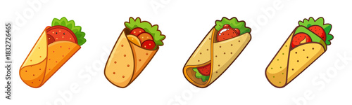 Cartoon burritos set with diverse fillings, fresh vegetables and meat