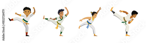 Martial arts training for kids, various dynamic poses and kicks illustration