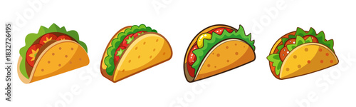 Delicious cartoon tacos with fresh fillings, iconic mexican fast food
