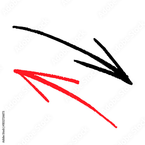 手描き風の黒と赤の矢印セット。ラフでスケッチ調の線が方向やポイントを強調するマーカー風イラスト。