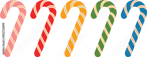 Colorful candy cane vector set in five striped styles, Vector illustration of five striped candy canes in pink, red, orange, green, and blue color variations. Perfect for Christmas designs.