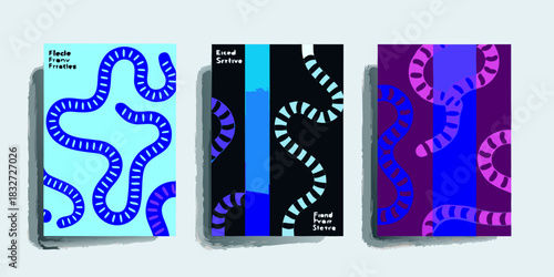 Three abstract book covers with winding shapes and bold color palettes