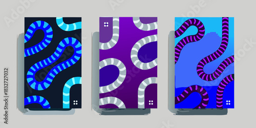 Abstract striped worm pattern backgrounds in blue purple and gray colors